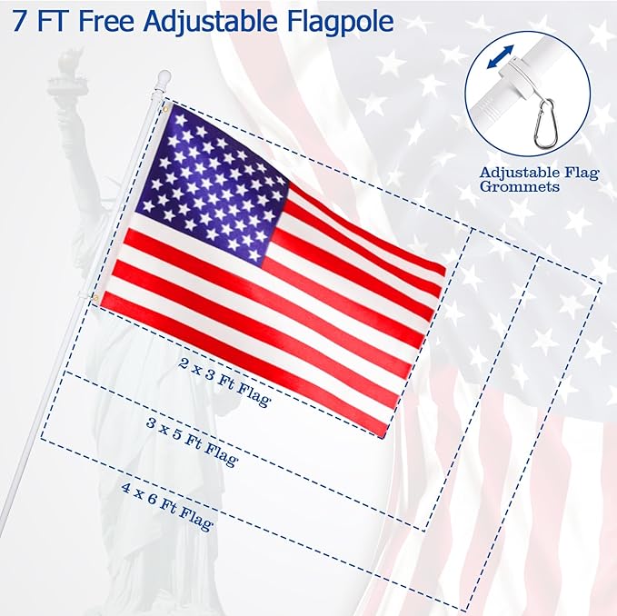 BONWIN White Flag Pole Kit for Outside House, 7FT Thickened Stainless Steel Wall Mount Flag Pole for 3x5'/ 4x6' Flag, 1" Anti-Wrap Spinning Flag Ring Clips & 2-Position Bracket Holder for Porch Yard