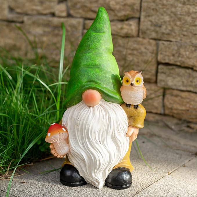 Garden Gnome Outdoor Decoration Solar Gnomes Statue with Owl LED Lights,Terrace Courtyard Lawn Patio Porch Fall Decoration Halloween Christmas Housewarming Gift for Mom Woman