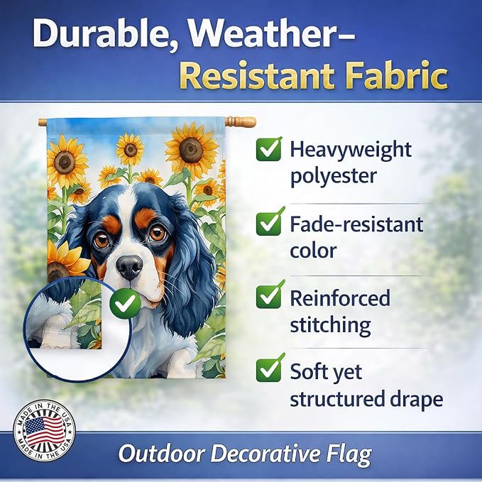 Caroline's Treasures DAC6049CHF Cavalier Spaniel in Sunflowers House Flag Large Porch Sleeve Pole Decorative Outside Yard Banner Artwork Wall Hanging, Polyester, House Size, Multicolor