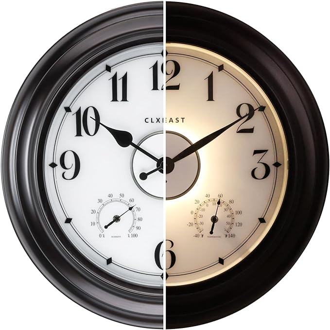 CLXEAST 24 Inch LED Self-Illuminated Outdoor Metal Clocks Waterproof, Large Lighted Outdoor Clock with Temperature and Humidity,Oil Rubbed Bronze Black,Spring Garden Decor
