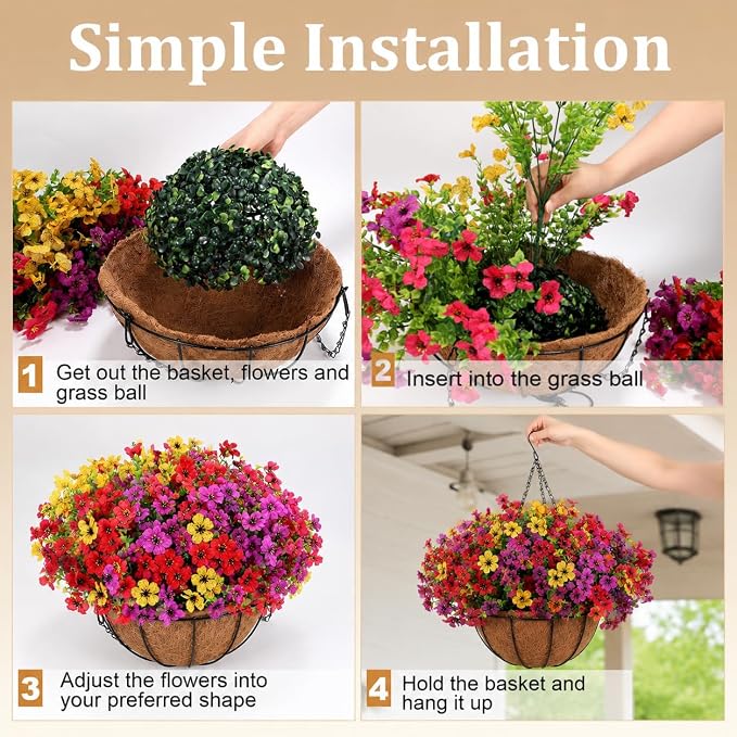 Geegoods 2 Pack Artificial Hanging Flowers for Outdoors, 24 Pcs UV Resistant Faux Mums Flowers with 2 Hanging Baskets, Fake Hanging Plants for Front Porch, Patio, Balcony, Yard and Garden Decor