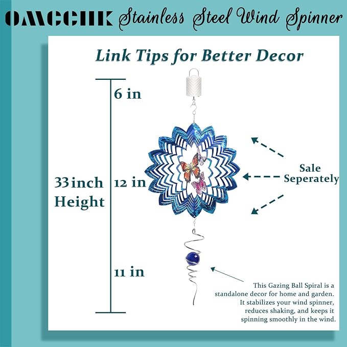 Wind Spinners Butterfly Hanging Outdoor, 13In Stainless Steel Spinfinity Wind Spinner, Blue Wind Chimes for Outside, 3D Kinetic Sculpture Suncatcher, Metal Yard Ornaments, Butterfly Garden Spinners