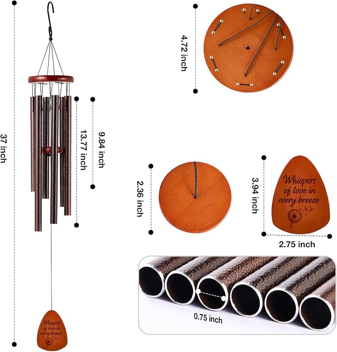 Sympathy & Memorial Wind Chimes for Outside – Deep Tone Aluminum Chimes with Mute Feature, Inspirational Quote, Feather & Dandelion Art Wooden Sail, Garden Decor (Reddish Bronze, 37 Inch)