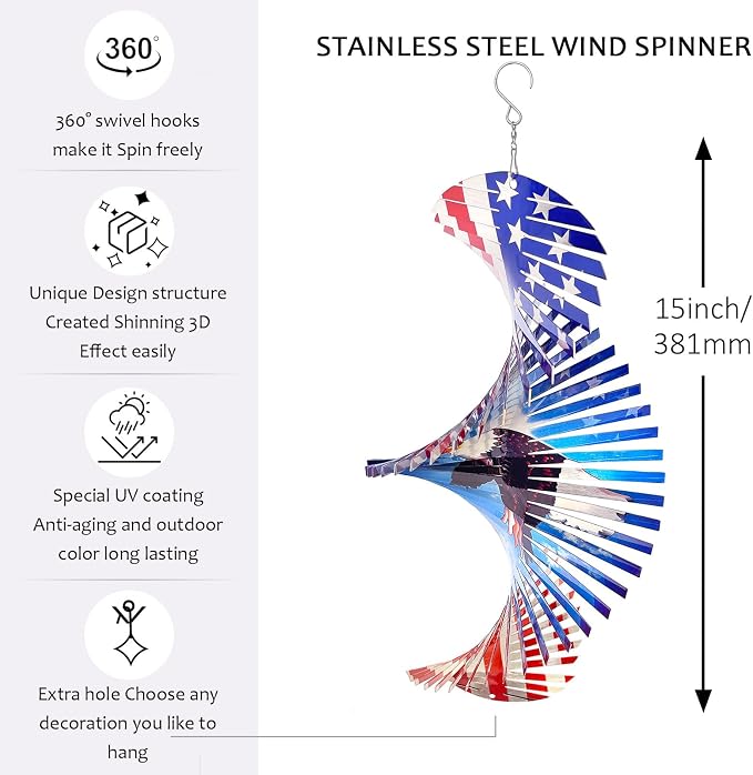 Aoedelyart Wind Spinners Outdoor Creates a Soaring Eagle Effect, 3D American Flag Eagle Wind Spinner Hanging Independence Day/Memorial Day Decorations,Gifts for Men/Women,15in Garden Decor,Yard Art