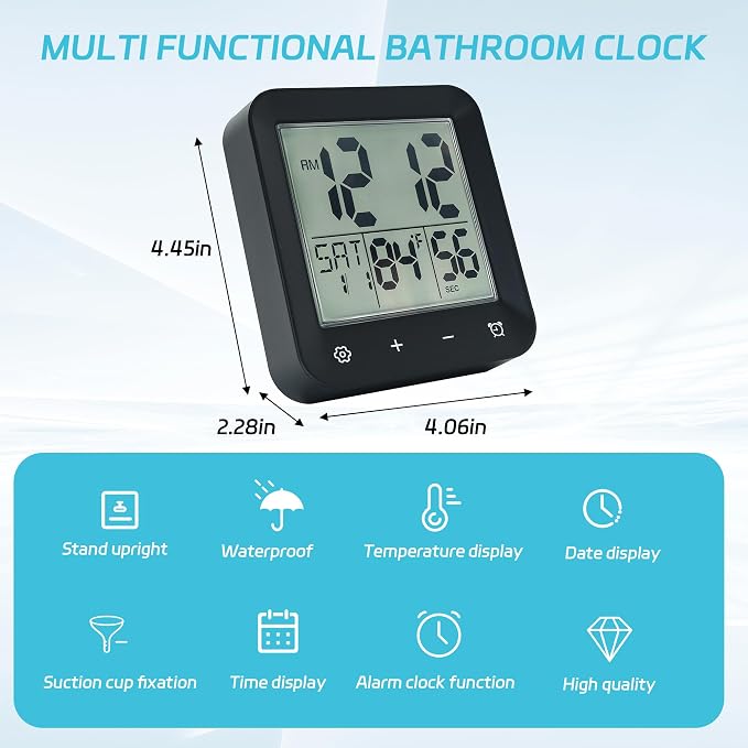 Digital Shower Clock Waterproof,Bathroom Extra Large LCD Screen Wall Clock Timer,Countdown,Moisture Proof,Anti Splash,Display Temperature,Time,Date and Day of the Week,Suction Cup,Hanging,Hole Stand
