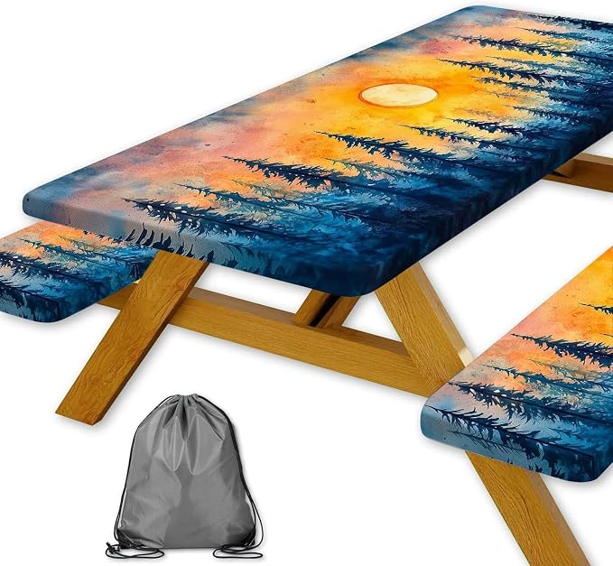 Picnic Table Cover with Bench Covers and Bag, Forest Sunset Camping Essentials Waterproof Windproof, Fitted Tablecloth Cover with Elastic Edge, for Indoor & Outdoor, Camping, 3 Pieces Set, 30x96 IN