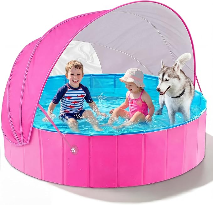 Jasonwell Kiddie Baby Pool with Canopy - Foldable Infant Toddler Kids Pool with Shade Baby Beach Essentials Tent Swimming Wading Pools for Toddlers 1-3 + Kids Dogs Ball Pit Backyard Water Play R, 63"