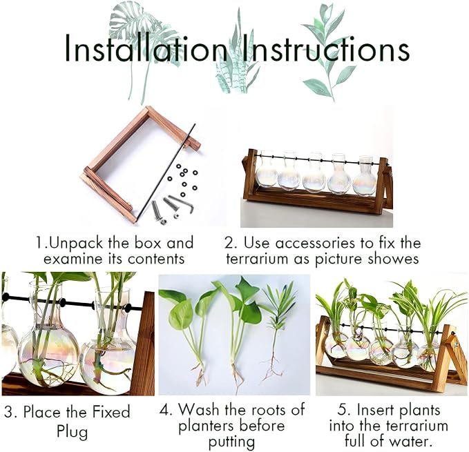XXXFLOWER Plant Terrarium with Wooden Stand, Wall Hanging Glass Planter Tabletop Propagation Station Metal Swivel Holder Retro Rack for Hydroponics Home Garden Office Decoration - 5 Bulb Vase