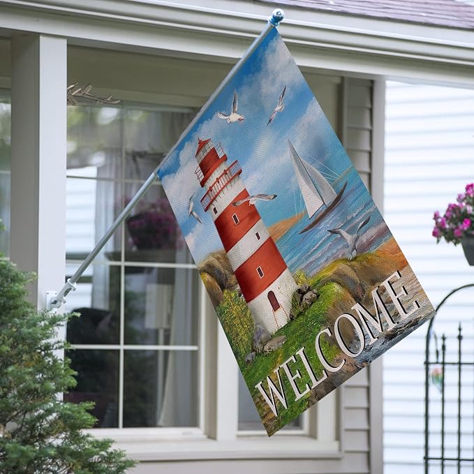 Home Decorative Welcome Summer Lighthouse House Flag, Spring Coastal Seagull Birds Garden Yard Beach Nautical Sailboat Outside Decoration, Ocean Outdoor Large Burlap Decor Double Sided 28 x 40