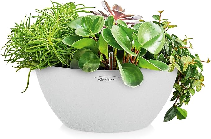 Lechuza CUBETO Stone 40 Quartz White, Self-Watering Bowl Planter, D15.7 H7.1 in