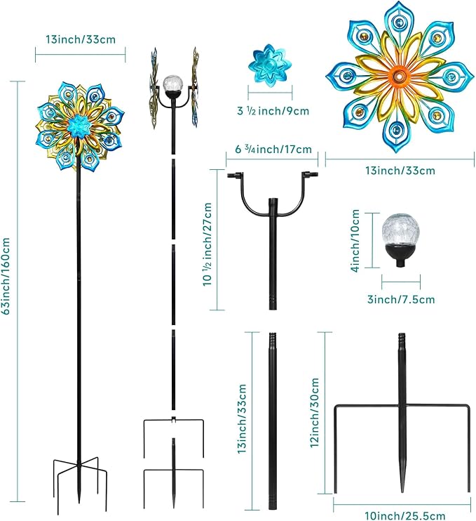 63" Solar Wind Spinners Outdoor, 13" Metal Kinetic Garden Art Decor | Artisan Hand-Crafted,Weather-Resistant,Heavy-Duty,Whisper-Quiet Bearings,Auto-Glow Solar Crackle,Stable 5-Prong Ground Stake