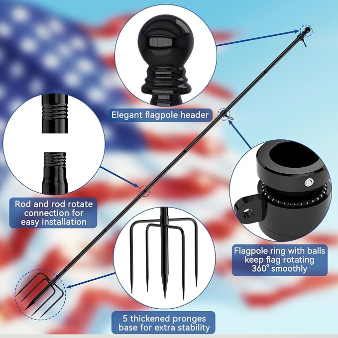 ZMTECH 7FT Flag Pole with 5 Pronges Base in Ground with Solar Light for Yard, Tangle Free Spinning Stainless Steel, Extra Thick Windproof Flag Poles for 4x6 USA Flag | Outside House & Garden Decor