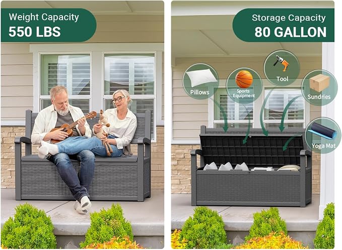 80 Gallon Outdoor Storage Bench, Resin Patio Storage Bench with Armrest, Lockable Deck Boxes Outdoor Waterproof and UV Resistant for Patio Cushions, Garden Tools and Pool Supplies, Grey