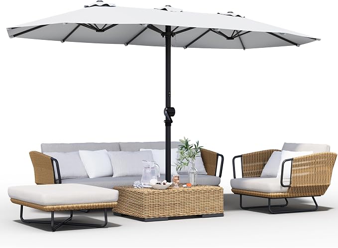 GDPFN 15FT Large Patio Umbrella, Outdoor Deck Standing Umbrella with Crank Handle, Double-Side Rectangular Pool Umbrella for Outside, Market, Patio, Light Gray (Base Not Include)