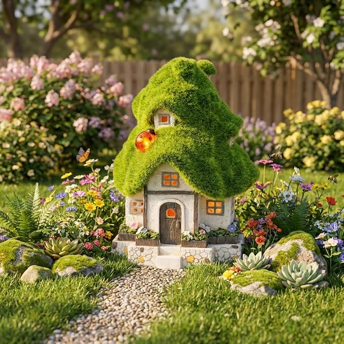 TERESA'S COLLECTIONS Flocked Garden Statue and Figurine Fairy House with Solar Outdoor Lights, Resin Garden Decor Outdoor Statues Garden Cottage Yard Decor Porch Lawn Ornaments Gifts for Mom, 7.4"