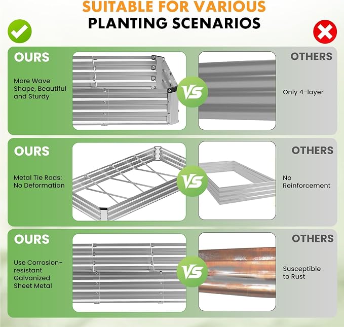 DUMOS Galvanized Raised Garden Bed Outdoor, 8x4x1ft 2 Pack Raised Metal Planter Box, Rust-Resistant Steel Garden Planter, Rectangular Gardening Flower Bed for Vegetables Flowers Herbs, Open Bottom