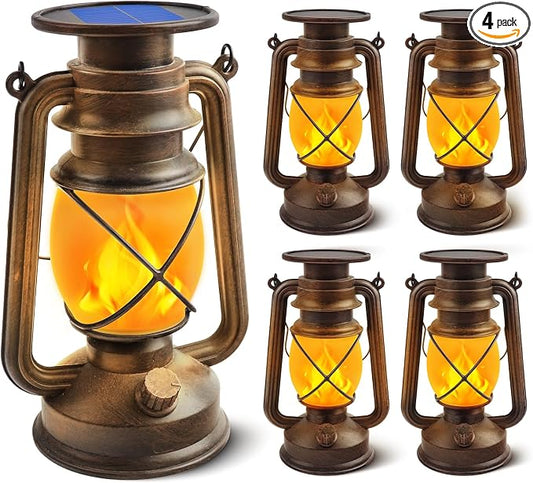 Solar Lanterns Outdoor Waterproof, 4 Pack Vintage LED Hanging Lights | Dancing Flame with Auto On/Off, Bronze Ambient Lighting Decor for Porch, Garden, Yard, Pathway, Patio & Camping
