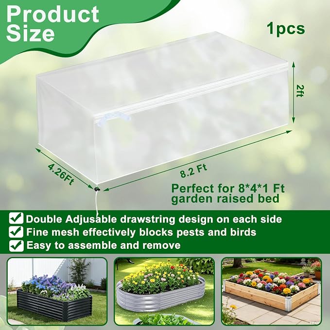 1 Pack Garden Netting for Raised Beds, Fine Mesh Bird Netting Barrier Screen with Zipper Drawstring Garden Bed Plant Cover for Protect Vegetable Fruits Crop from Animals Pest Insect, 8.2×4.3×2Ft