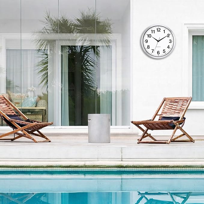 Caysie 12 Inch Sealed Indoor Outdoor Clocks Waterproof, Silent Battery Operated Quartz Metal Wall Clock for Patio Pool Bathroom Home (Silver)