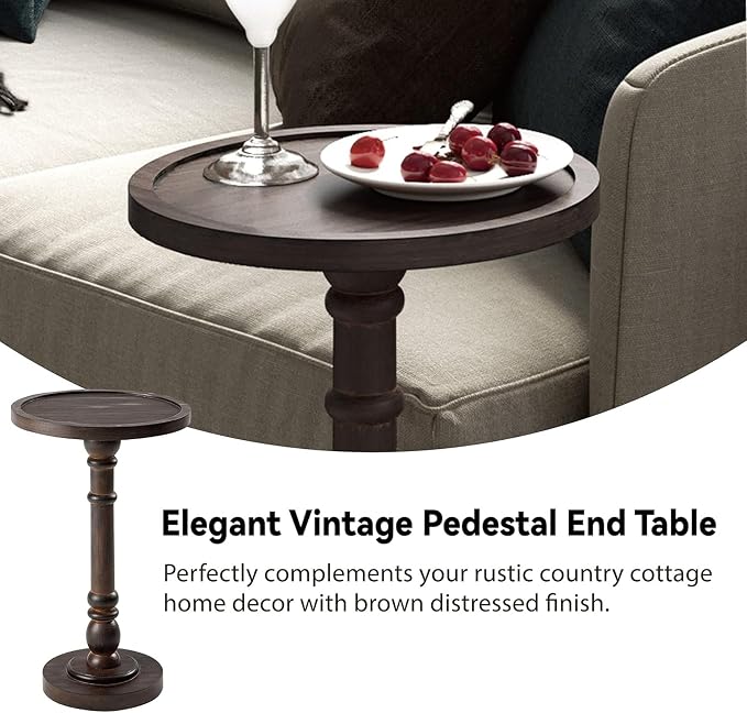 COZAYH Traditional Rustic Pedestal Table, Round Tray Top End Table with Farmhouse Style Distressed Finish for Small Spaces, Dark Brown