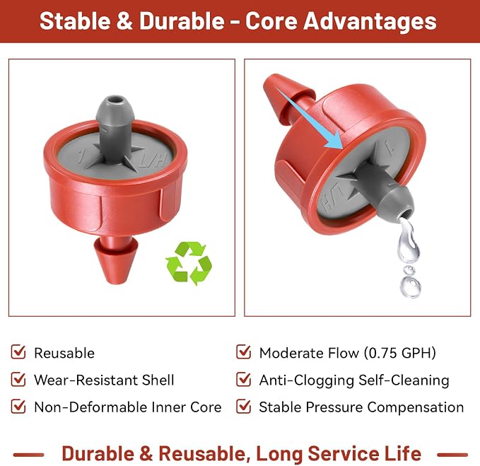 50 PCS 0.75 GPH Pressure Compensating Drip Irrigation Spot Watering Dripper, Balanced Flow Drip Irrigation Emitters Heads Irrigation Drippers Parts for Indoor Outdoor Compact Plant Gardens
