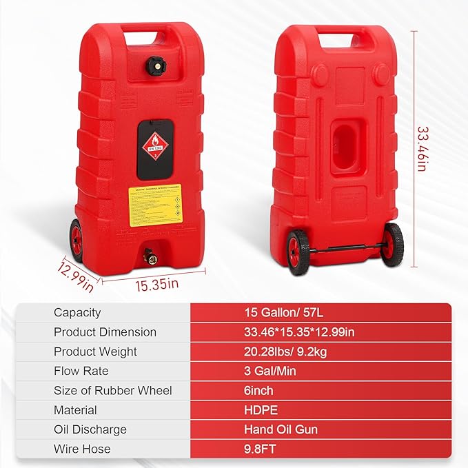 15 Gallon Gas Can, Fuel Tank Container with LE Fluid Transfer Manual Siphon Pump & 10FT Hose, Portable Diesel Gas Storage Caddy with Wheels for Car, ATV, Weeder, Boat, etc., Red