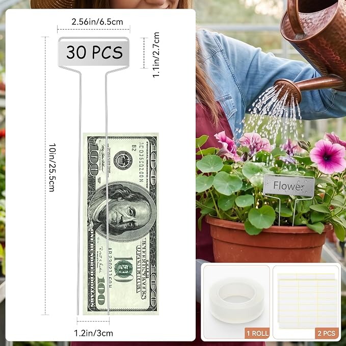 Greaner 10 Inch High Plant Tags, 30 Packs Garden Markers Waterproof with Permanent Pen and Rainproof Pet Films, Metal Plant Labels for Potted Plants Flowers Herbs Vegetables(2.6" x 10", Silver)