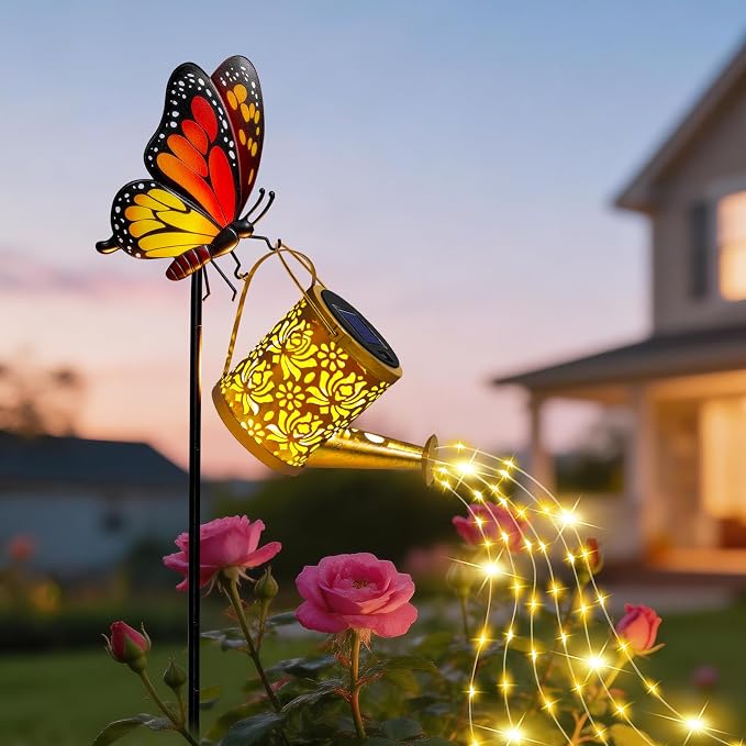 Solar Lights Garden Decor, Waterproof Solar Watering Can with Butterfly Garden Stakes, Outdoor Light with Cascading Lights for Outside Patio Lawn Porch, Birthday Gift for Women Mothers Day