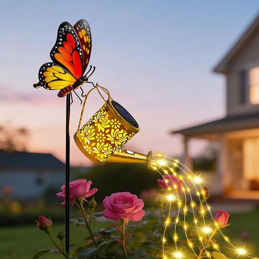 Solar Lights Garden Decor, Waterproof Solar Watering Can with Butterfly Garden Stakes, Outdoor Light with Cascading Lights for Outside Patio Lawn Porch, Birthday Gift for Women Mothers Day