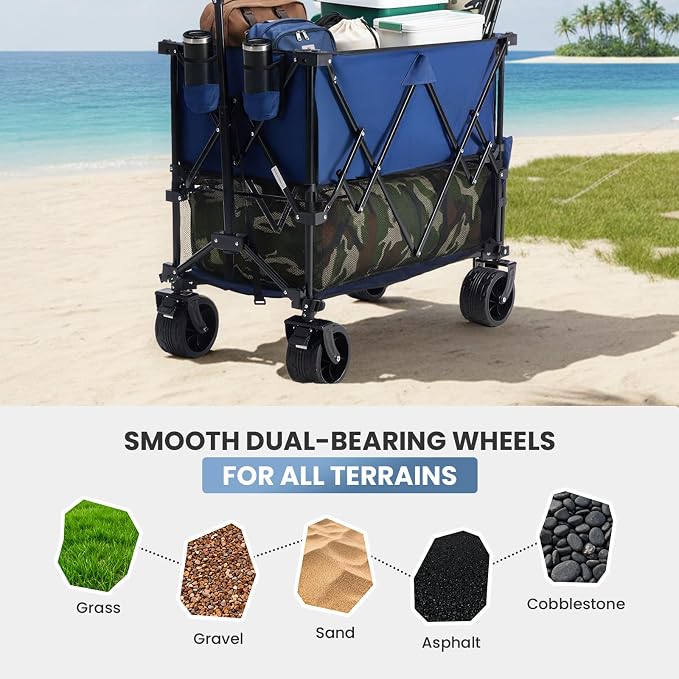 NEWBULIG Large Capacity Wagon Carts Foldable, 440LB Heavy-Duty Double Decker Wagon with All-Terrain Wheels, Portable Storage Shopping Cart for Groceries, Camping, Sports, Beach, Garden