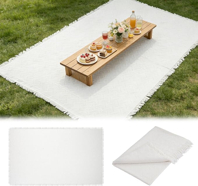 YEXEXINM Extra Large Outdoor Picnic Blanket 118" x 71" Oversize Woven Cotton Yarn Beach Blanket with Fringe, Machine Washable Portable Blanket for Camping, Beach, Park, Fits 6 to 9 Adults (White)