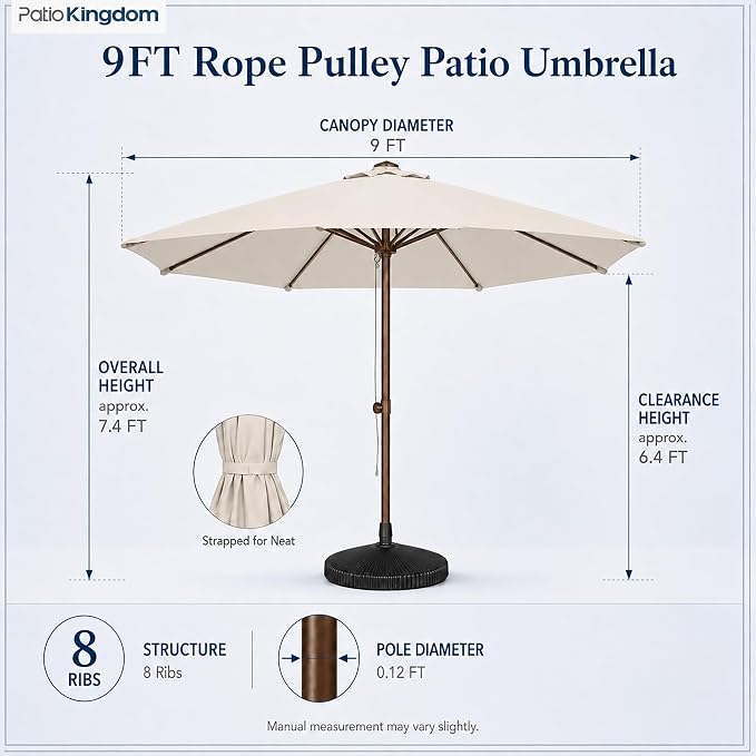 9FT Patio Umbrella, Outdoor Table Umbrella with Rope Pulley Lift, 3 Adjustable Heights, Market Umbrellas for Backyard, Pool and Deck, UPF50+