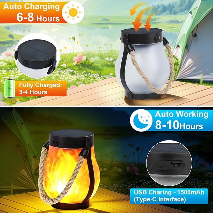 Solar Lanterns Outdoor, Ultra-Realistic Flame Light, USB & Solar Charging, 2 Lighting Modes, Waterproof Hanging or Tabletop Lights for Yard, Patio, Garden,6-Pack