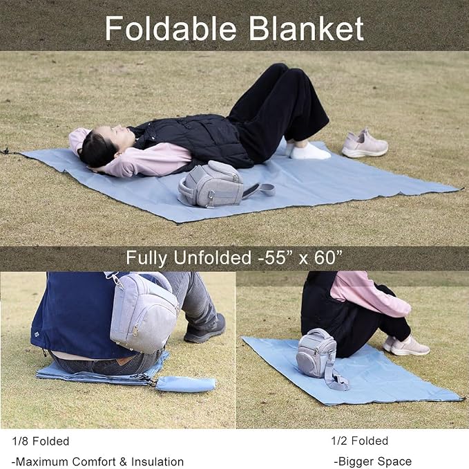 Outdoor Pocket Blanket, 55"x60" Waterproof Foldable Compact Small Picnic Blanket, Ultralight Tarp for Camping, Festival, Beach, Hiking, Backpacking, Travel, Stakes Included (Grey)