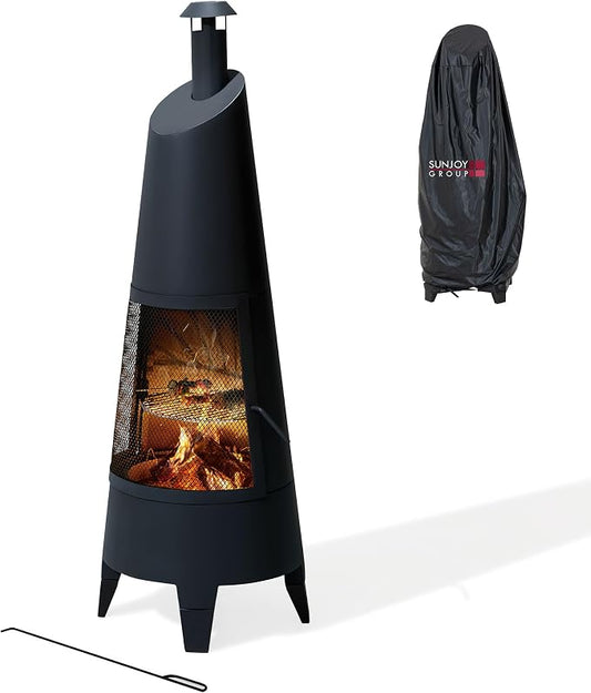 SUNJOY 2-in-1 Chiminea Fire Pit & Grill, 57" Tall Outdoor Fireplace with Removable Stainless Steel Grill Grate, Spark Screen & PVC Cover for Patio, Backyard, Cooking - Black