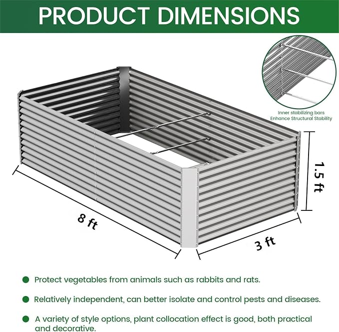 2pcs Tall 8ft Galvanized Raised Garden Bed Outdoor,Steel Garden Bed for Vegetables,Above Ground Garden Box for Flower,Metal Raised Beds for Gardening - 8x3ft