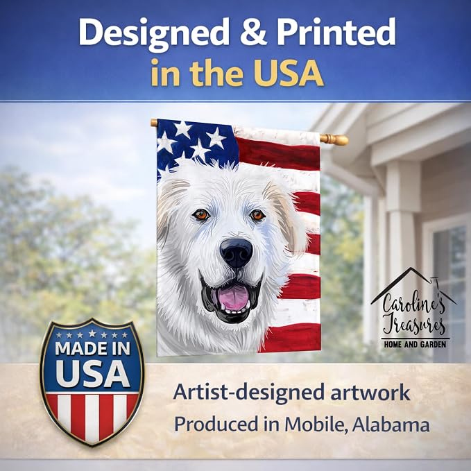 Caroline's Treasures CK6547CHF Great Pyrenees Dog American Flag House Flag Large Porch Sleeve Pole Decorative Outside Yard Banner Artwork Wall Hanging, Polyester, House Size, Multicolor