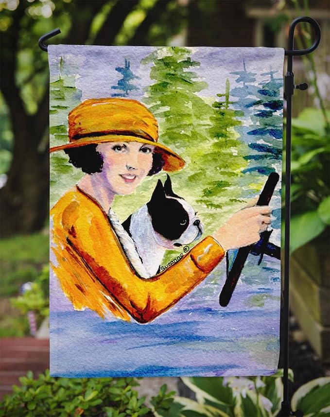 Caroline's Treasures SS8534GF Woman Driving with her Boston Terrier Garden Flag Mailbox Flag Decorative Yard Flag Banner Outside Patio Artwork Yard Flower Beds, Garden Size, Multicolor
