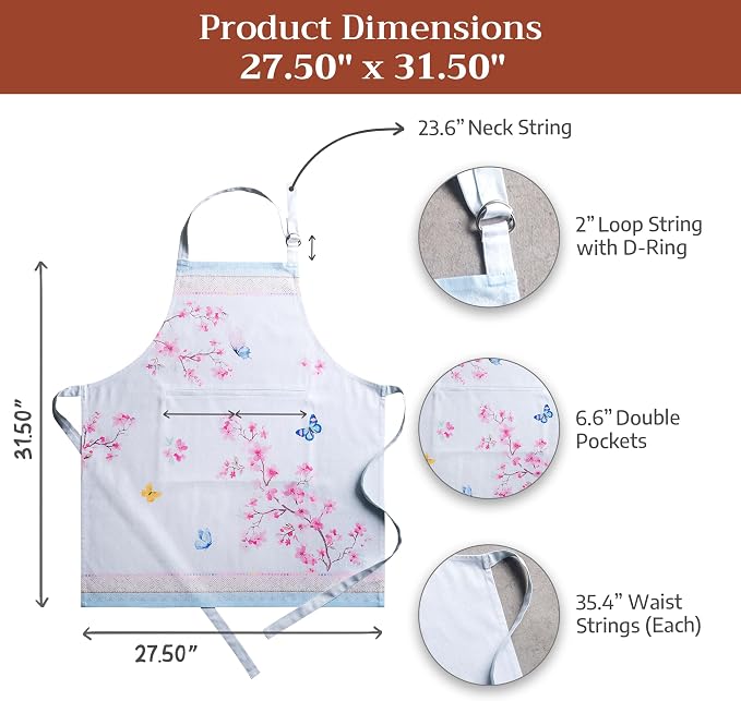 Maison d' Hermine Aprons for women with Pocket 100% Cotton (27.50"x31.50") | Adjustable Neck Strap & long ties Apron Men Chef Wedding Cooking Gardening Server Maid