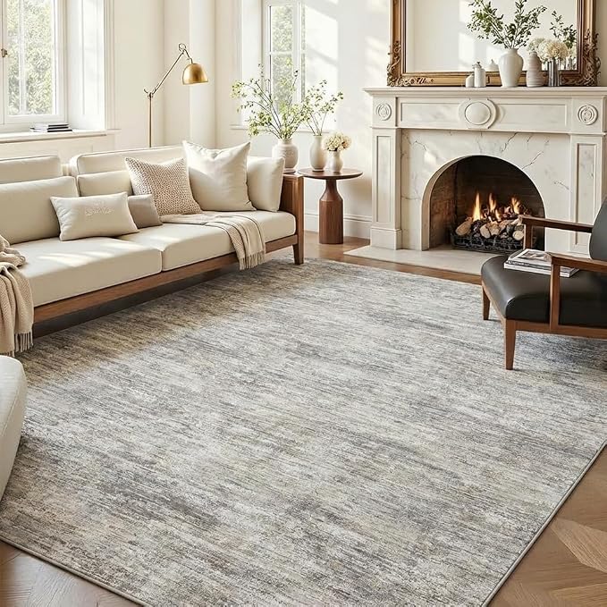 GarveeHome Living Room Rug 5x7 Modern Solid Washable Rugs with Rubber Backing, Non Shedding Low Pile Neutral Carpet Stain Resistant Foldable Thin Mats for Dining Room, Nursery, Bedroom, Camel