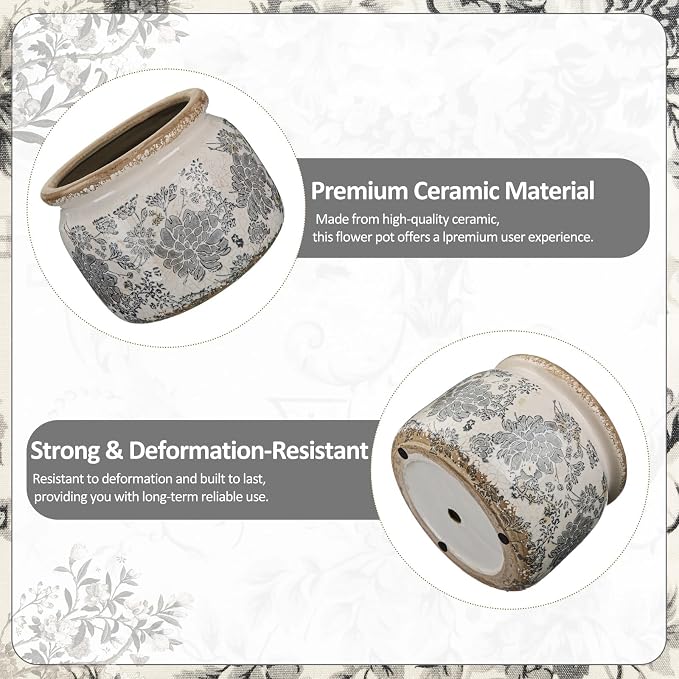 7.7" Large Ceramic Plant Pot Beige Gray Rustic Peony Crackle Glaze Rustic Flowers Pot Decorative Planter with Drainage for Indoor Outdoor Plants Home Kitchen Office Decor Gift