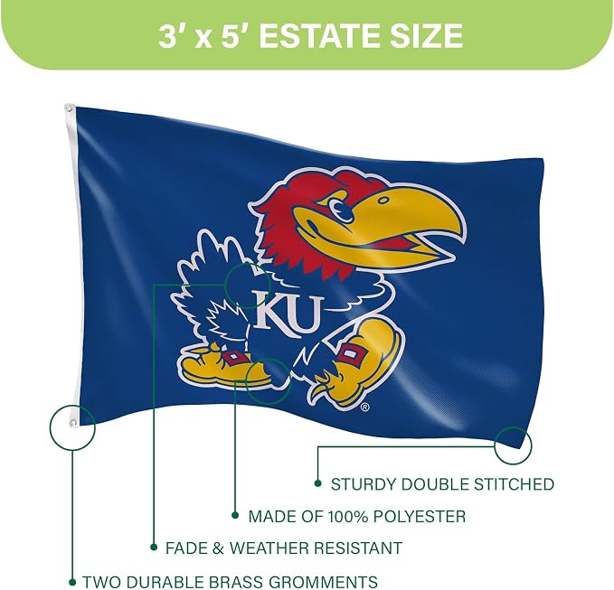 NCAA University of Kansas Flag with Grommets, 3'x5' KU Jayhawks Outdoor College Flags & Banners for Garden Patio Indoor Wall Décor