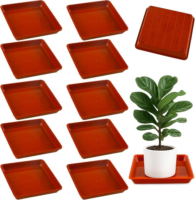 10 Pack Square Plant Saucer 6 Inches Plant Trays for Pots Plastic Square Drip Trays Flower Pot Saucers Black Planter Water Tray Plant Drainage Tray, Brick Red
