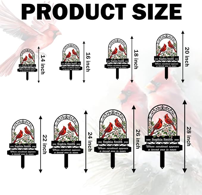 Personalized Cardinal Garden Sign with Stakes, Custom Name Sign, Yard Decor Outdoor, Memorial Gift for Mom, Garden Plaque Memorial Gifts, loss loved Ones Cardinal Sign