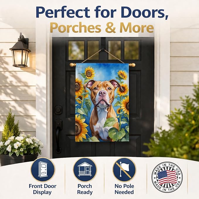 Caroline's Treasures DAC6133CHF Pit Bull Terrier in Sunflowers House Flag Large Porch Sleeve Pole Decorative Outside Yard Banner Artwork Wall Hanging, Polyester, House Size, Multicolor