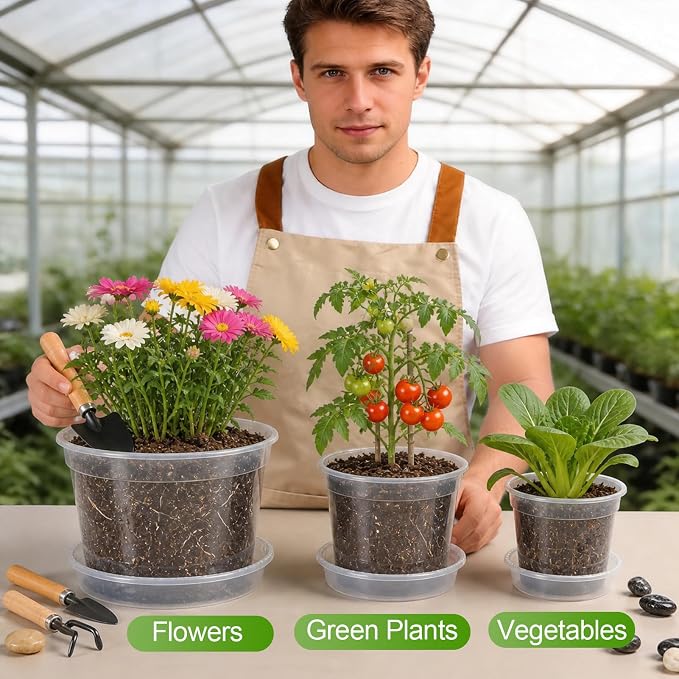 6/8/10 Inch Clear Nursery Pots with Saucers and 15 Pack Plant Labels,Transparent Plastic Plant Pots with Drainage Holes,Sturdy Seed Starter Pots for Succulents,Herbs,Flowers,Indoor Outdoor Plants