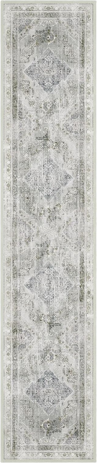 Phantoscope Washable Runner Rug 2'x10' Non-Slip, Vintage Neutral Hallway Rugs for Entryway, Stair, Bedroom, Distressed Boho Medallion Pattern, Low-Pile Foldable Floor Carpet, Silver Grey/Taupe