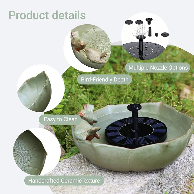Bird Bath with Solar Fountain Bubbler, 10.1" Solar Bird Bath Fountain for Outdoors, Ceramic Bird Bath Bowl for Garden, Patio, Balcony & Yard Decor