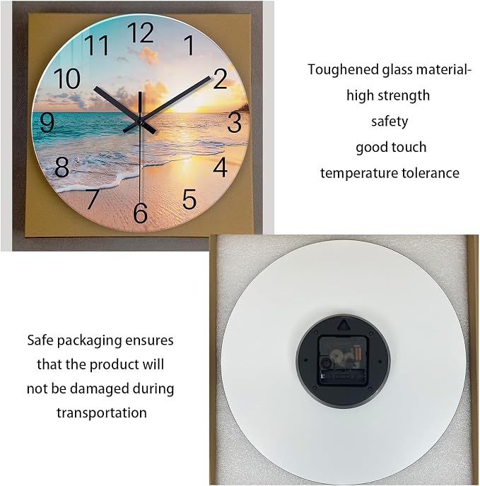 Glass Coastal Wall Clocks Battery Operated 14 Inch | Analog Round Wall Clock for Living Room Office Decor Blue Beach Wall Clock Silent Non Ticking