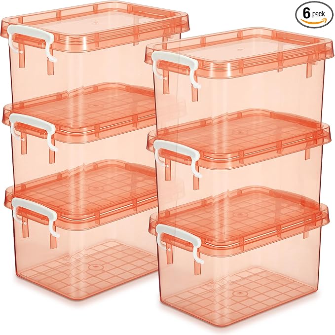 Wenqik 6 Pack Colorful Plastic Storage Bins with Lids 4 Quart Small Storage Latch Box Stackable and Nestable Clear Organizer Bins with Latching Handle and Buckle for Organizing(Orange)